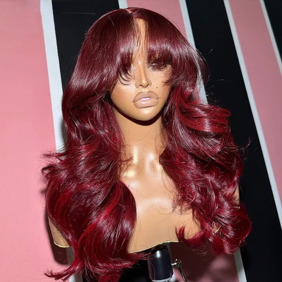 Peruvian Hair Red with 99J Highlight Glueless 13x4 Transparent Lace Body Wave Front Wig PrePlucked Synthetic Lace Frontal Wig with Bangs