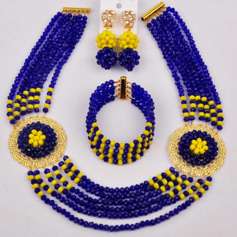 Conjunto de brincos de colar azul real e amarelo opaco contas africanas joias festa de cristal