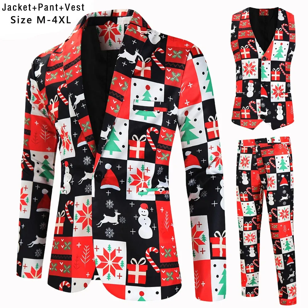 Men s Suits Blazers 3 Piece Christmas Blazer Vest Pants Plus Size 4XL M Xmas Printing Men Suit Set Party Stage Dress Up Style Costume Homme 231113