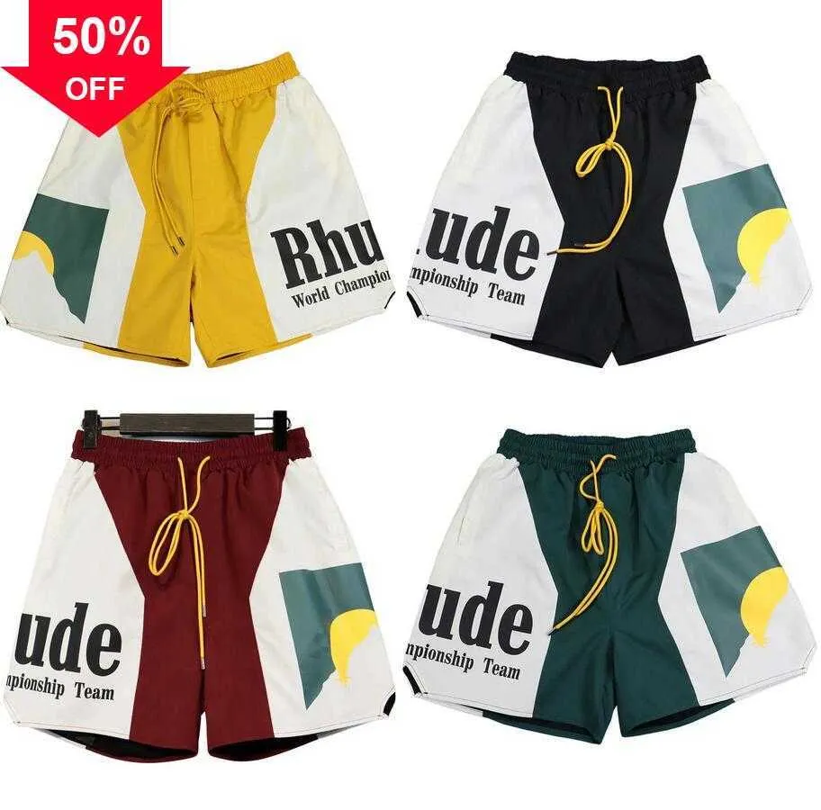 Pantaloncini Hot Sell Designer Men Rh Limited Rhude Summer Swim Short Knee Lunghezza Hip Hop High Street Training Pantaloni da spiaggia Mens Vita elastica Blu GreenS a 2XL Taglia