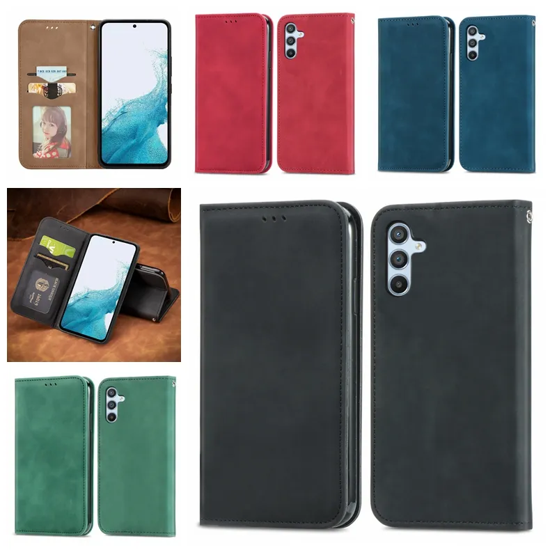 Étuis portefeuille en cuir pour Samsung A54 A04E A34 5G A14 4G A04E A24 M14 F14 M54 S23 Ultra Plus Sensation de la main Fermeture magnétique Suck Holder Flip Cover Skin Feel Business Purse