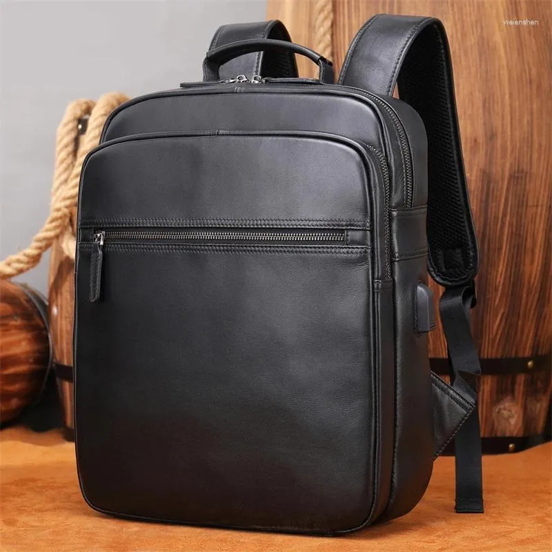 Torby szkolne skórzany plecak prawdziwy torba komputerowa Cowskin Black Men's orygine laptop plecaki 13 14 -calowe plecak dzienny