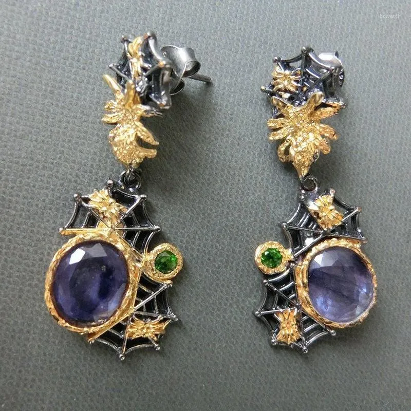 Boucles d'oreilles pendantes Boucle d'oreille en pierre naturelle violette Bijoux nationaux Toile d'araignée en métal bicolore Déclaration de style long pendentif