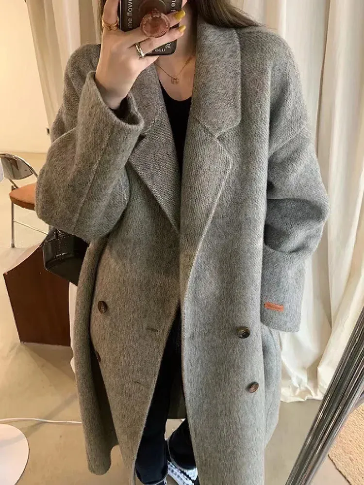 Women's Leather Faux Leather Alpaca Cashmere Premium Gray Double-Sided Cashmere Coat Women's Autumn and Winter Soft Waxy Wool Jacket Women 231113