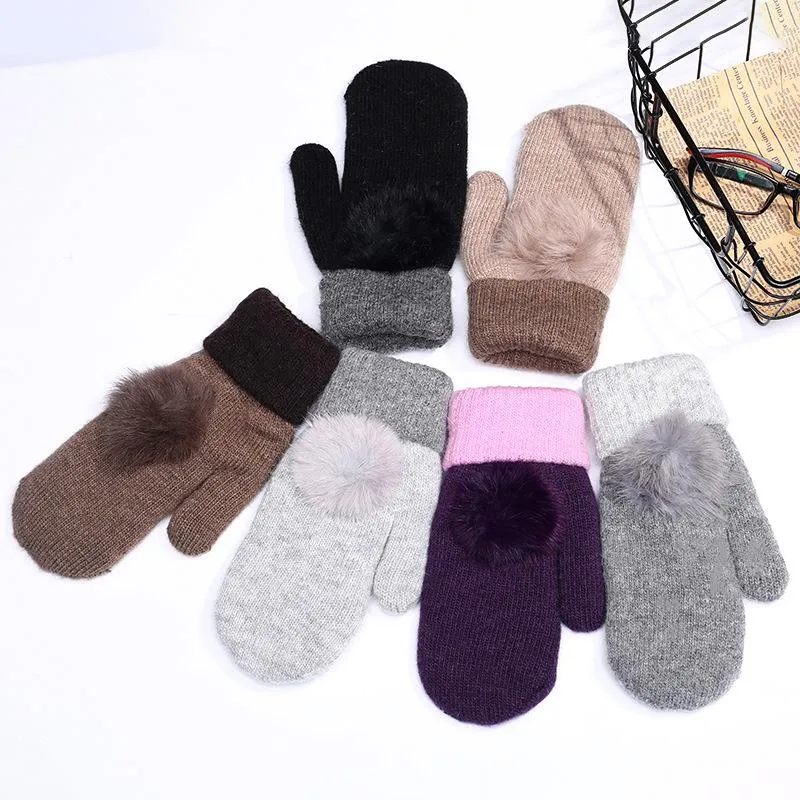 Fingerless Gloves Women Winter Full Finger With Ball Double Thick Cashmere Wool Adult Warm Knit Twist Soft Lady Fur Mittens AWG015