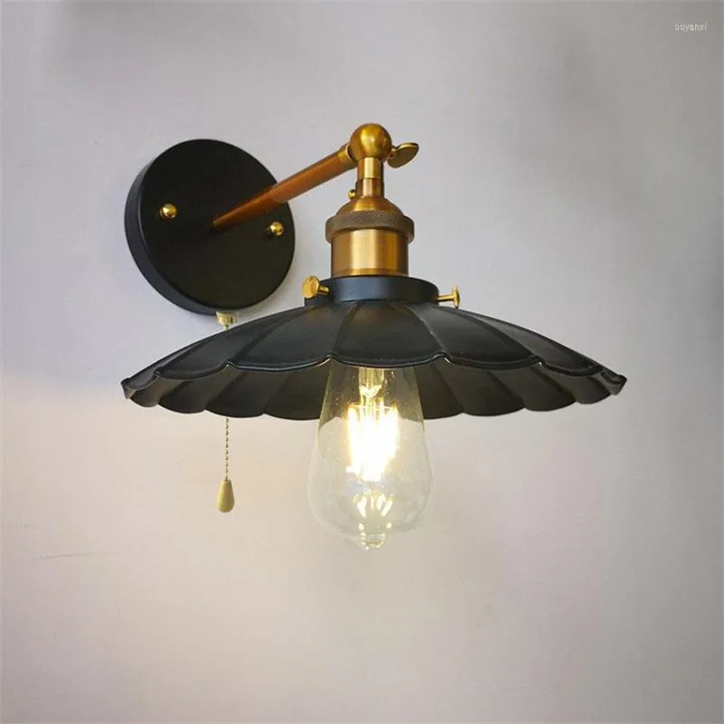 Lampes murales interrupteur à tirette couleur noire Loft industriel Vintage lampe de chevet abat-jour en métal E27 Edison ampoules 110 V/220 V