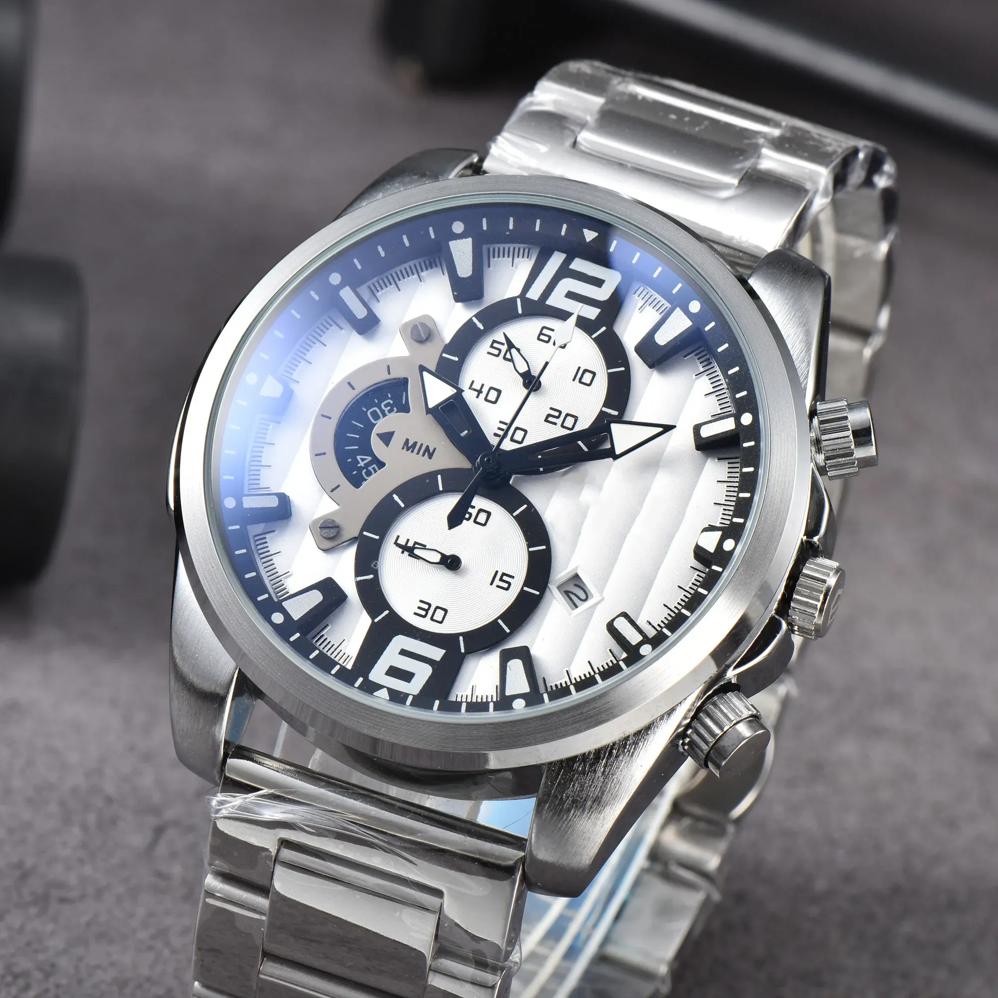 Новые мужские часы, часы высокого качества, 44 мм, кварцевые часы с кожаным ремешком, модные наручные часы, часы с механизмом, дизайнерские часы, мужские часы с коробкой и часами из сапфирового стекла