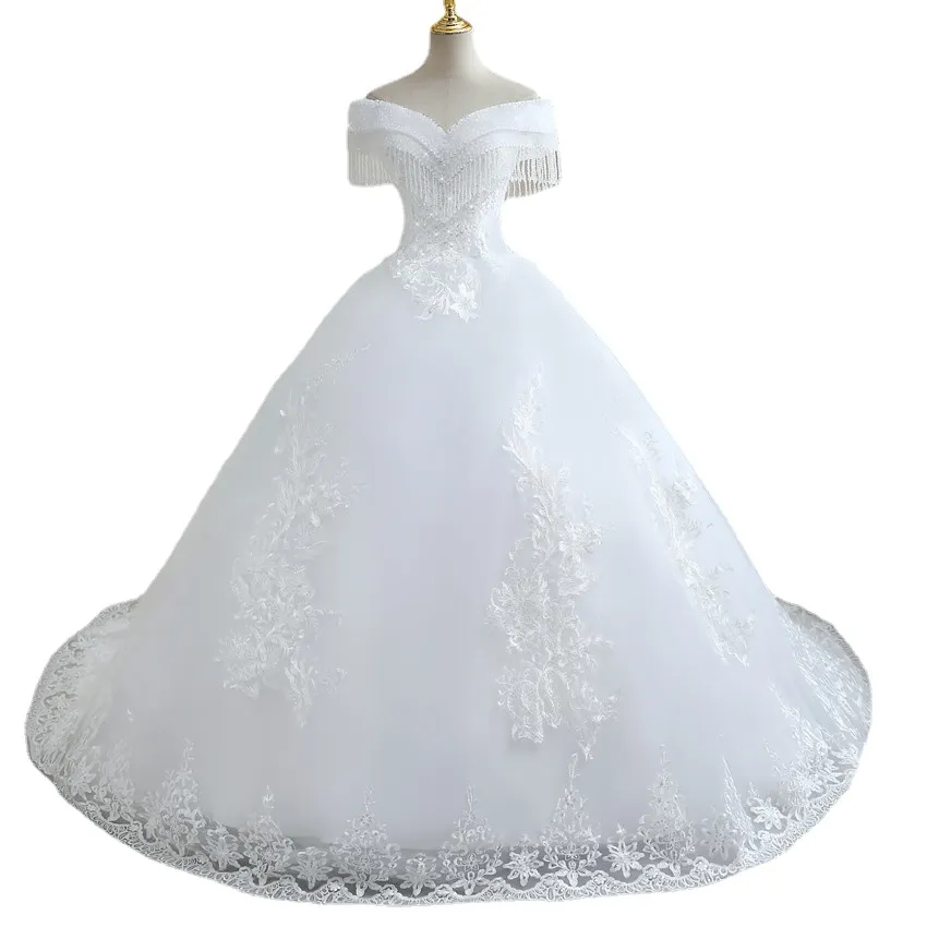 Luxury Crystal Pärlad bröllopsklänning En linje utanför axeln Korta ärmar Vit färg Court Train Wedding Dress Factory Price WX0268