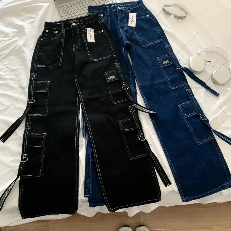 Jeans pour hommes Américain Multi Poche Ruban Taille Haute Jeans de Travail Y2K Vintage Harajuku Couleur Unie Ultra Large Jambes Longues Femmes 231114