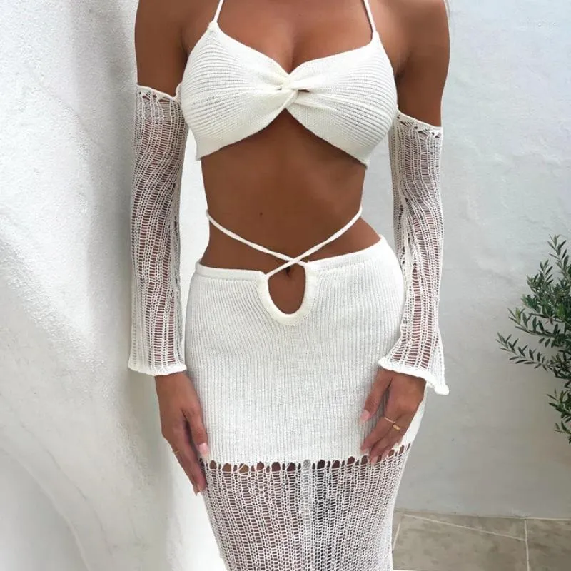 Vestidos de trabajo 2023 Moda Sexy Halter Top de punto y trajes de falda para mujeres Ropa de playa de verano Atar conjuntos a juego Ropa elegante