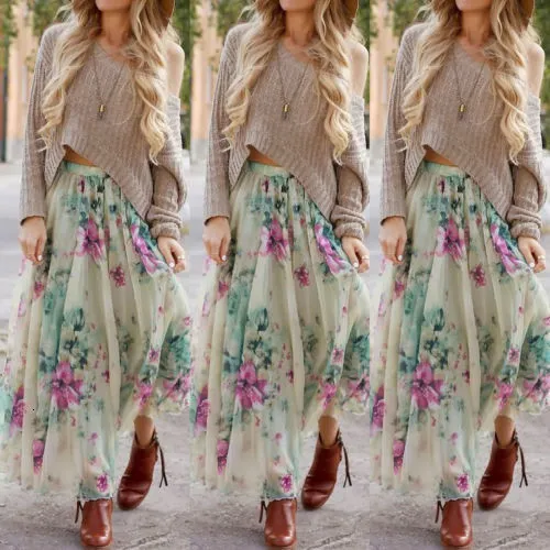 Vintage-BOHO-Women-Floral-Summer-Beach-Party-Long-Maxi-Skirt-Sundress-Mini-Dress