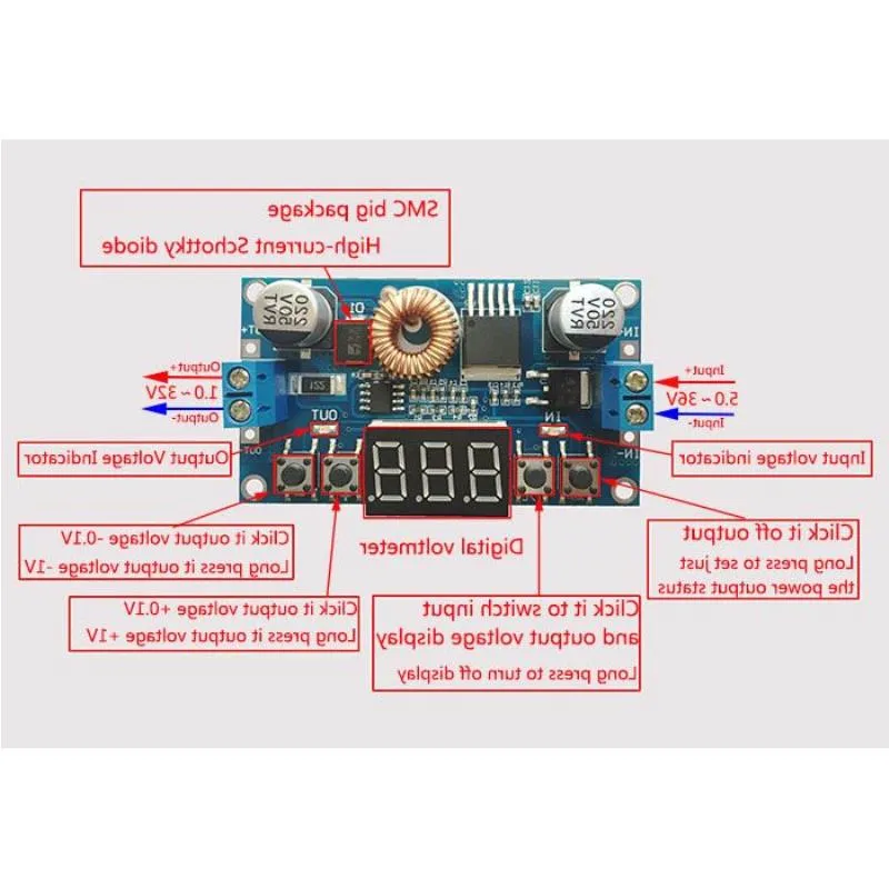 フリーシッピングDCバックコンバーターDC 4- 38Vから1-36V 5V 12V 19V 24V 5A 75W調整可能電圧レギュレーター/アダプター/ドライバーモジュール電圧計ASWM