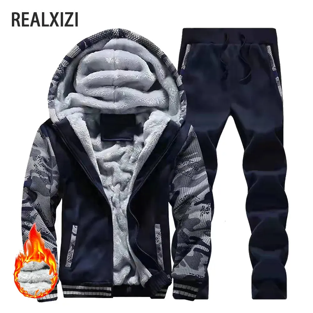 Mens Jackets Winter Thick Warm Jacket Brand Sportswear Coat Pants Solid Color Fleece Zipper Hooded Long Sleeved Male Outerwear 231113