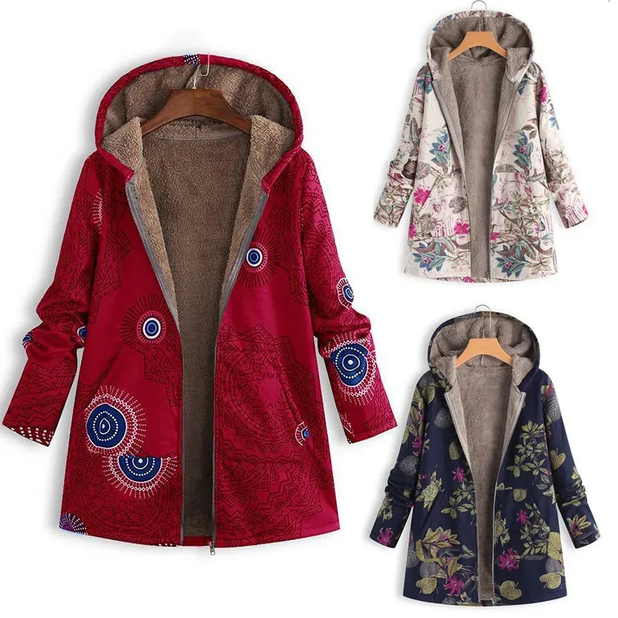 Dameswolmix met print, capuchon en lange mouwen, oversized vintage dames herfst winter, warme pluche jas, casual dameskleding 231114