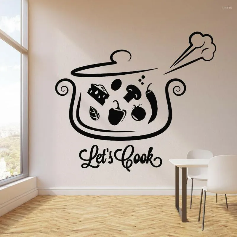 Wall Stickers Kithen Quote Decal Phrase Let's Cook Pan Soup Food Kitchen For Decor Removable Mural C698