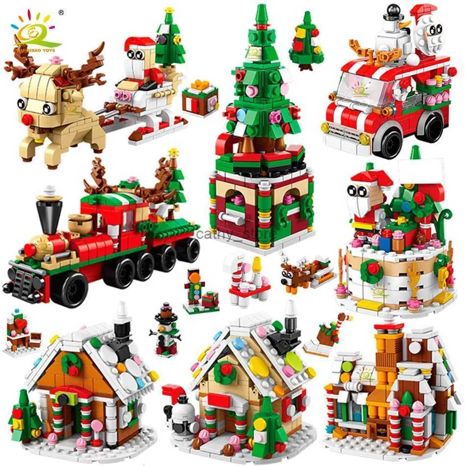 مركبة ألعاب Huiqibao 6in1 عيد الميلاد Elk Deer Santa Claus Building Build City Snow House Bricks مجموعة ألعاب للأطفال هدايا الأطفال 231114