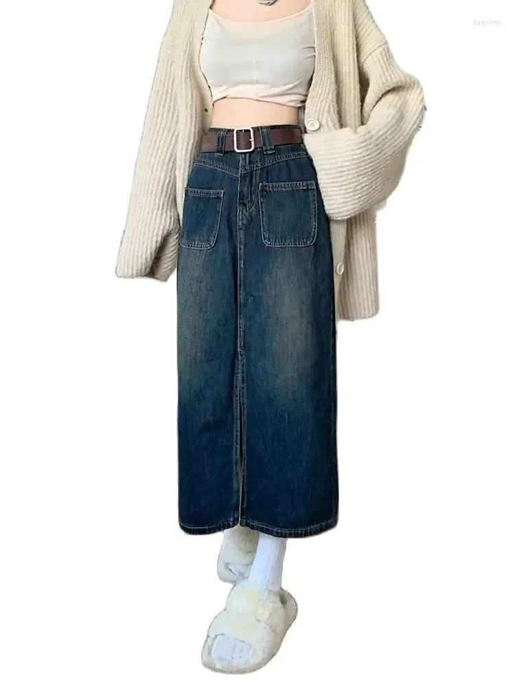 Kjolar franska vintage tvättade denim kjol kvinnor 2023 våren hösten 90 -tal mode flickor hög midja nisch designer delad kvinna