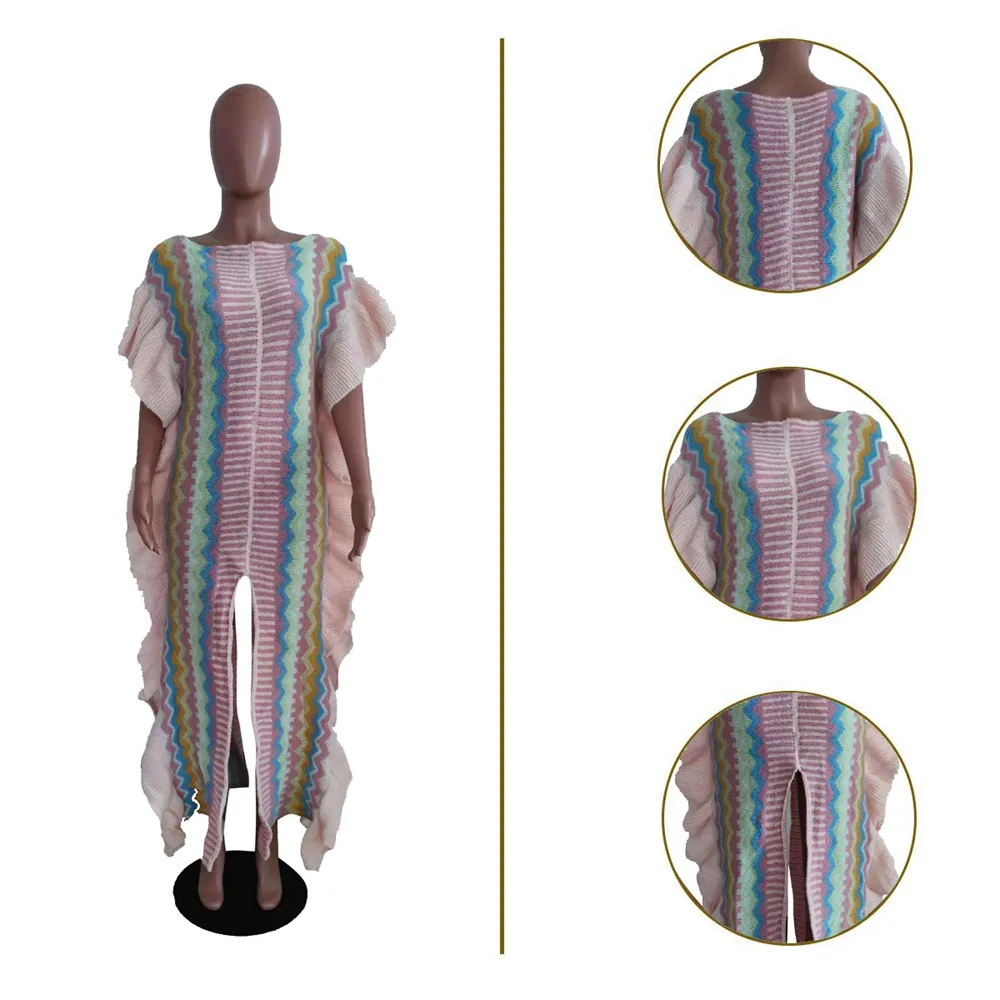Women's Basic & Casual Dresses Knit Sweater Long Dress Ruffle Sleeve High Split Striped Color Block Fall Loose Maxi Dresses