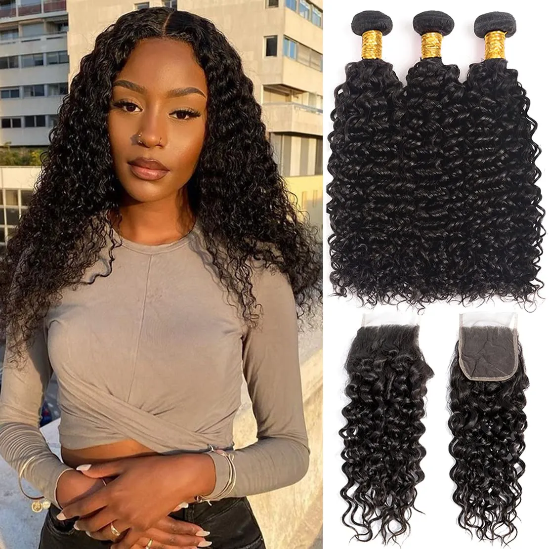 Deep Wave Bundles with Closure 9A Unverarbeiteter brasilianischer Deep Wave Closure mit Bundles 4x4 Free Part Lace Closure und 3 Bundles Natural Color