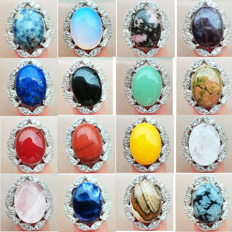 Bagues de cluster Lapis Lazuli Cornaline Jaspe Cristal Opale Rhodorite Unakite Aventurine Sodalite Bague Perle Ovale WFH1078