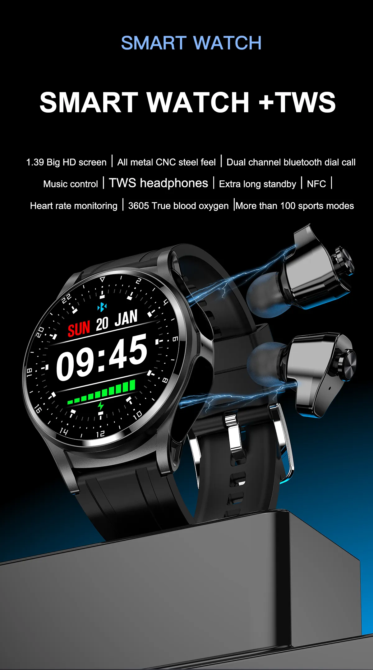 NFC Waterproof Watch Smart Earbud 2 In 1 Relojes Inteligentes Smart watches  Heart Rate Blood Pressure Oxygen Bluetooth Call Ip67 Android Digital Watches 2024