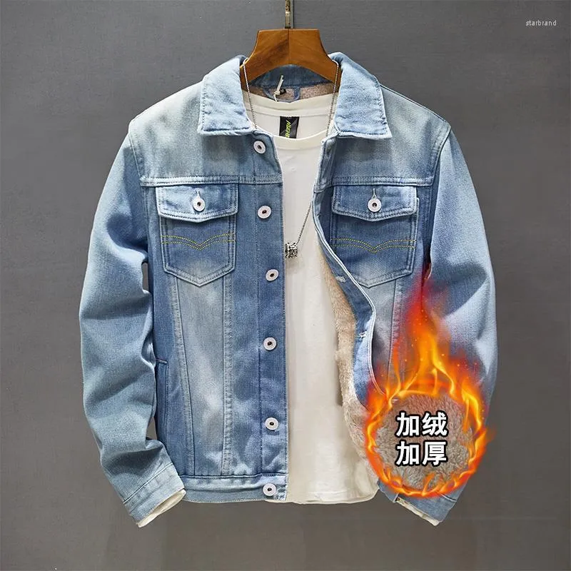 Men's Jackets Light Blue Denim Jacket Men's Korean Style Trendy Winter Plus Velvet Thickening Casual Slimming Size Men