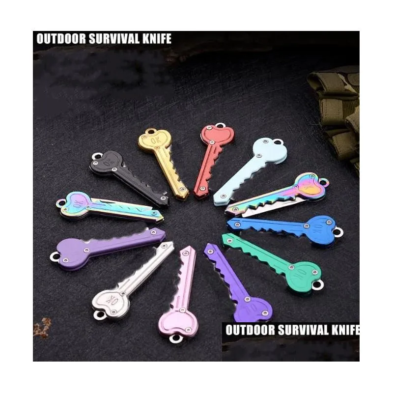 Schlüsselanhänger Lanyards Folding Mini Heart Shape Schlüsselanhänger Defense Pendant Pocket Outdoor Survival Tool Key Knife For Women Man Mticolor Dhr51
