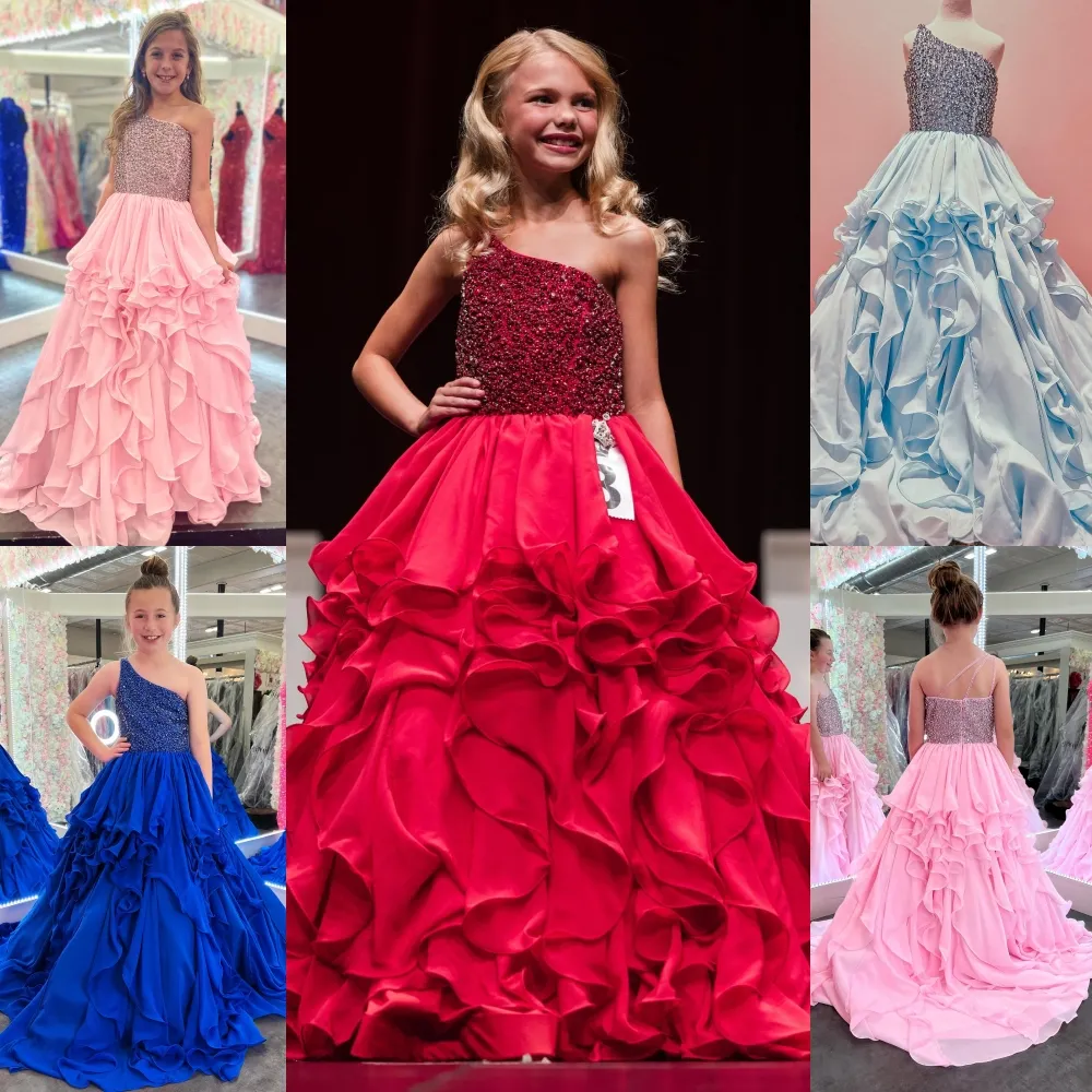 Rosafarbenes Festzugskleid für kleine Mädchen, One-Shoulder-Kleid mit Perlen und Rüschen, königliches Baby-Kind-Spaß-Mode-Laufsteg-Drama-Geburtstag, formelles Cocktailparty-Kleid für Kleinkinder, Teenager und Jugendliche