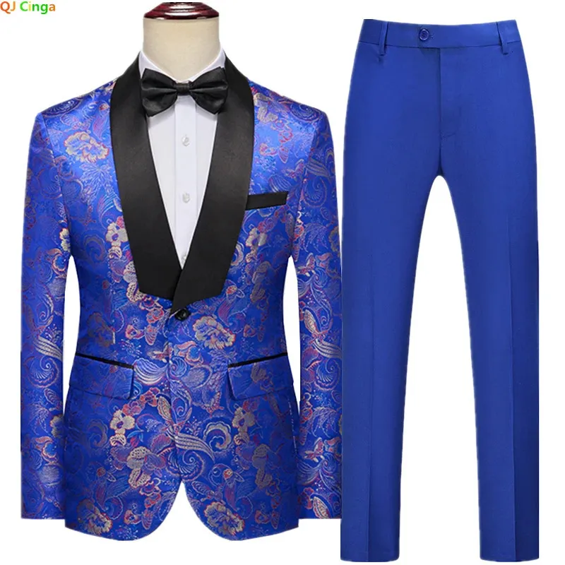 Men s Suits Blazers Blue Slim Suit Two piece Jacquard Fabric Dress Jacket and Pants Red Green Yellow Blazer Trouser M 4XL 5XL 6XL Male Sets 231114