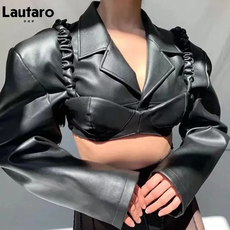 Damesjassen Lautaro Lente Herfst Kort Zwart Licht Kunstleer Jas Dames Lange Mouw Revers Runway Stijlvol Sexy Mode Cropped Top 231113