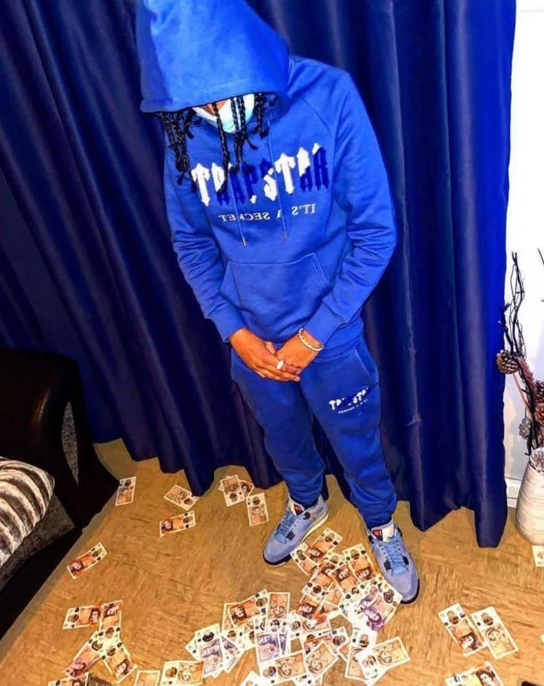 Herrspårspår Trapstar Man Set Chenille avkodad Hooded Tracksuit Bright Dazzling Blue White Trapstar Jacke Schwarz Classic Design Woman Suit 63ess