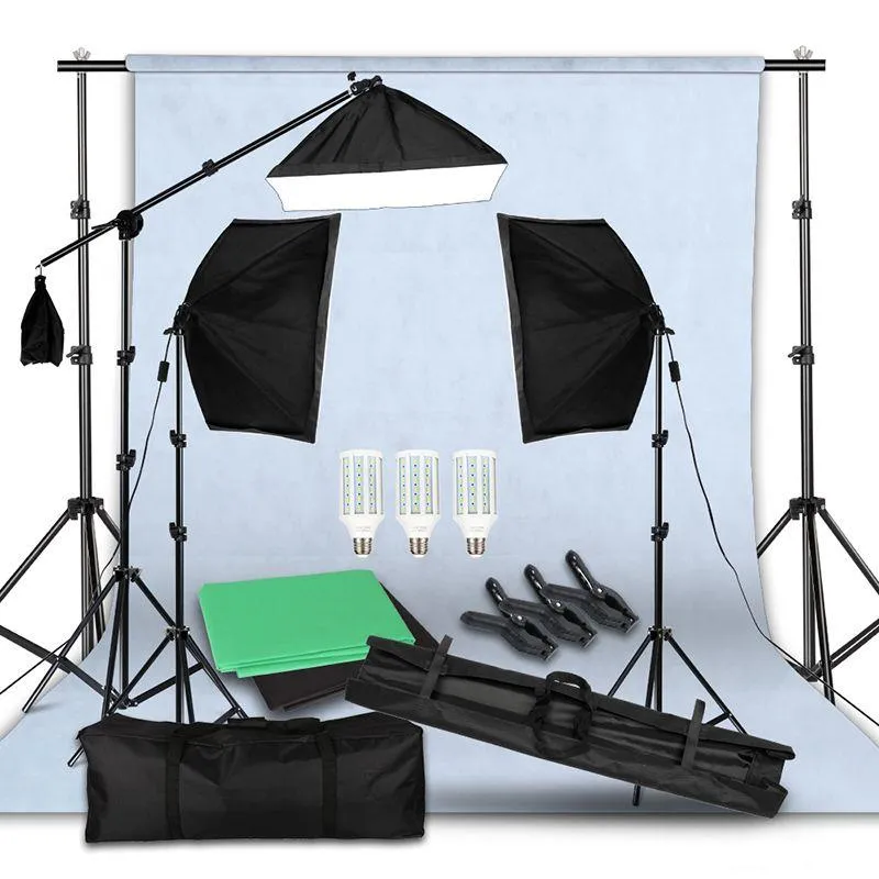 FREESHIPPING Photo Studio Led Softbox Lighting Kit Boom Arm Background Support 스탠드 사진을위한 3 색 녹색 배경 Puoi