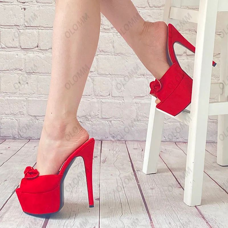 Olomm Fatti A Mano Delle Donne Della Piattaforma Ciabatte Sandali Faux Suede Tacchi A Spillo Peep Toe Vestito Rosso Scarpe Da Festa Delle Donne DEGLI STATI UNITI Più Il Formato 5-20