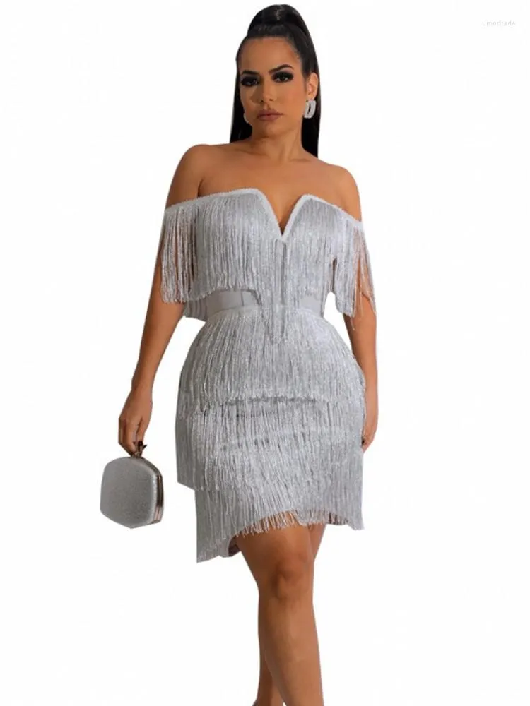 Casual Dresses Chic Sexy Tassel Dress Women Evening Party Club Wear Femme Robes White Off Shoulder Body Mini Midi Clubwear Vestidos