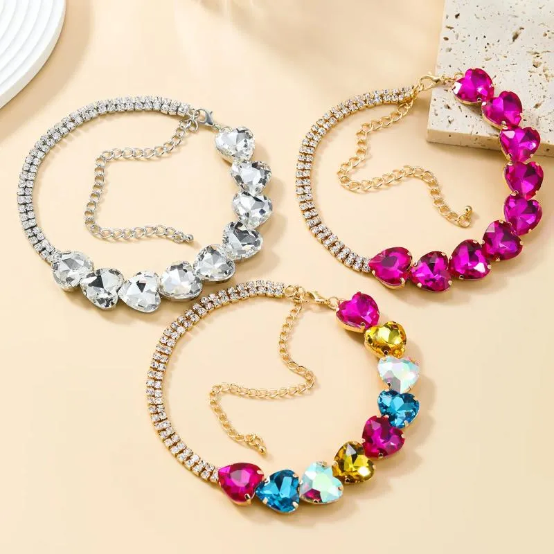 Choker Luxury Big Heart Fuchsia Rhinestone Halsband för kvinnor Crystal Weddings smycken