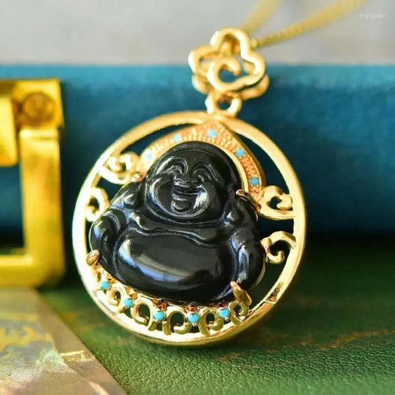 Pendants Natural Black Jade Buddha Necklace Women Feng Shui Charm Genuine Hetian Jades Nephrite Lucky Amulets Pendant Necklaces