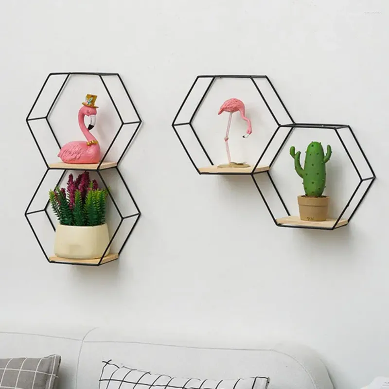 Decorative Plates 2023 Nordic Style Hexagon Iron Stand Wall-mounted Home Shelf Storage Holder Shelves For Storing Small Sundries