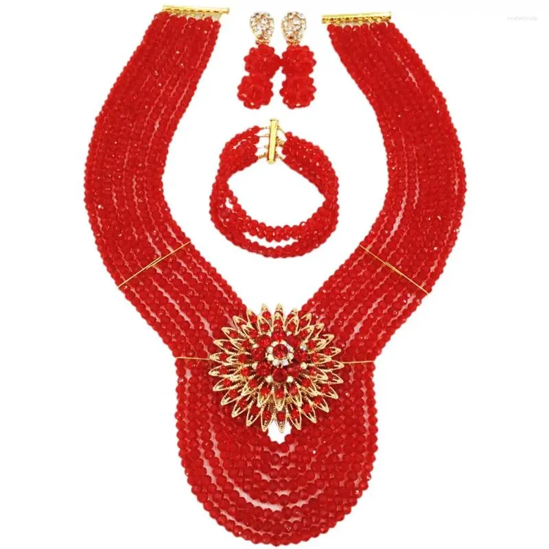 Collana orecchini set classico cristallo rosso costume gioielli africani perline nigeriane matrimonio nuziale