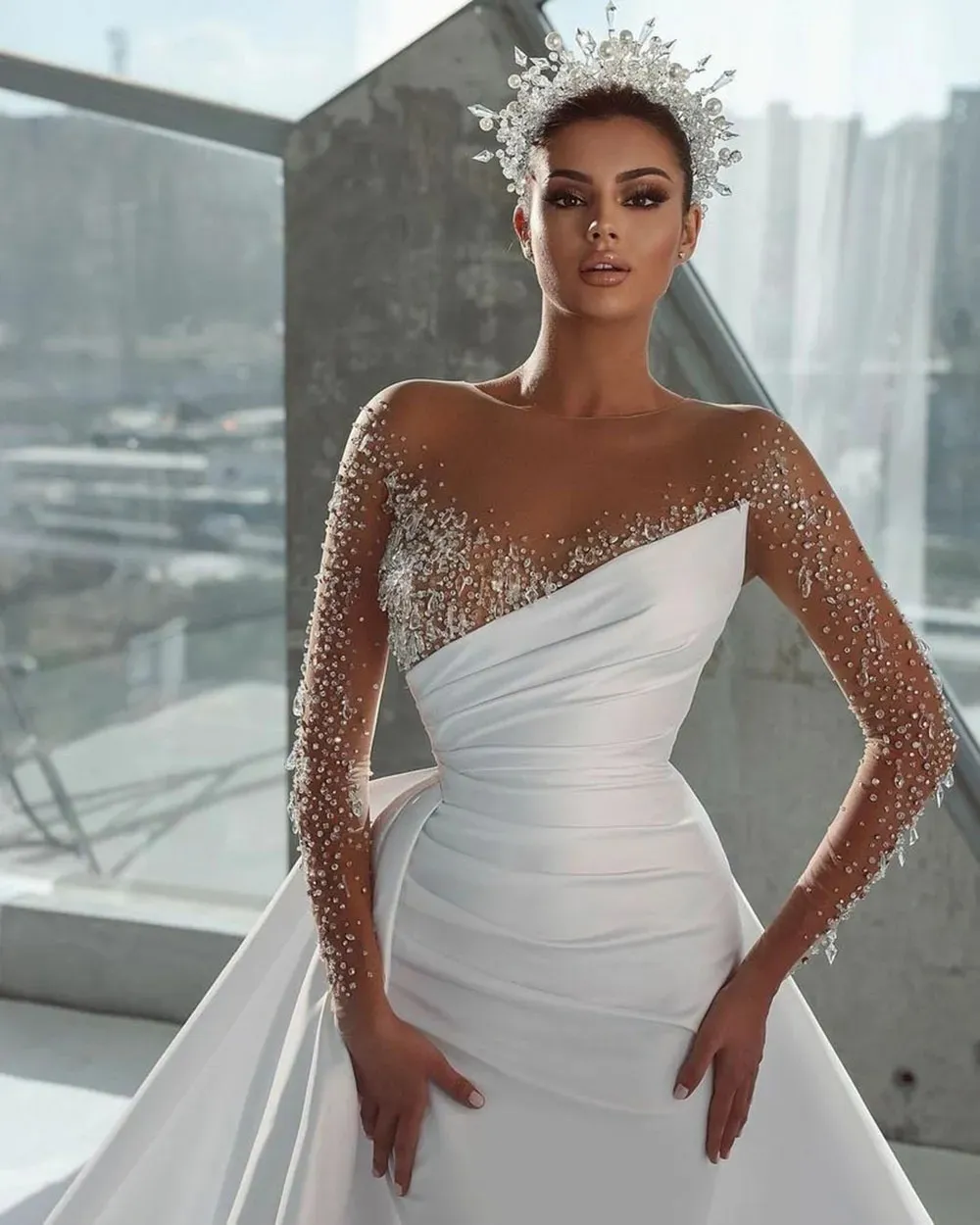 beaded satin wedding dress Elegant Sweetheart Neckline Off-the-shoulder Shiny Beaded Satin Floor- –  PreppyDress main image 1