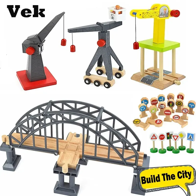 Electricrc Track Wood Train Track Racing Railway Street Sign Toys Bridge Track Accessories Fit Biro Wood Tracks Creative Toys for Children Gift 231114