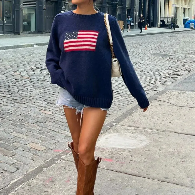 Kadın Sweaters Fit örgü kazak jumper y2k estetik harajuku sonbahar üstleri 2023 kadın bayrak vintage gündelik uzun kollu mürettebat gevşek 231114