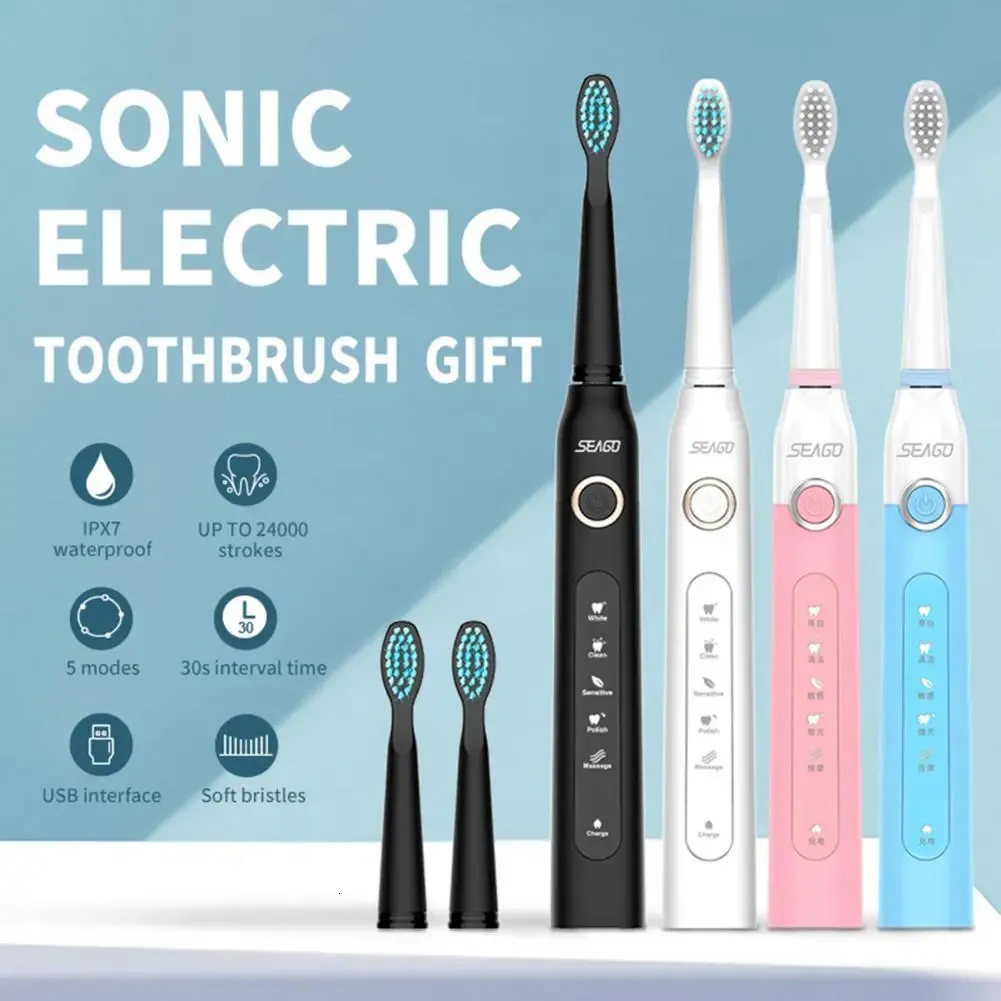 Escova de dentes Seago SG-507 Sonic escova de dentes elétrica adultos cuidados orais dentes branqueamento massagem goma 5 modos à prova d'água recarregável escova de dentes 231113