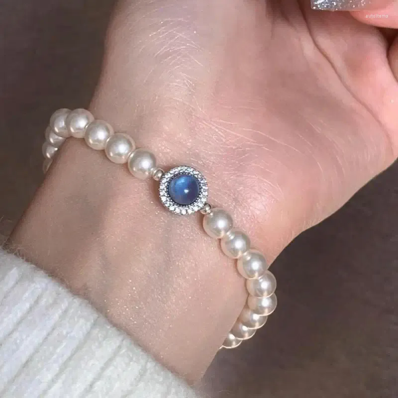 Braccialetti a maglie Elegante braccialetto di cristallo blu mare intarsiato con perla imitazione rotonda per donna Accessori per gioielli regalo di Natale alla moda