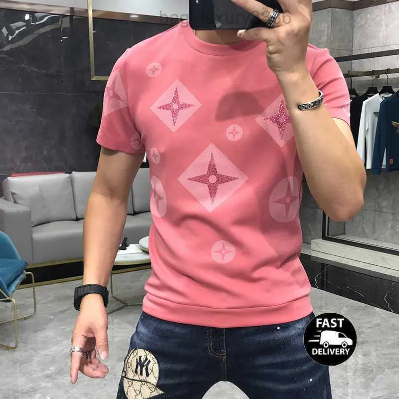 T-shirt da uomo Luxury Nuova stampa Cotone mercerizzato Strass Casual Uomo Slim Tees Designer Colletto tondo Manica corta Top Vestiti Rosa Blu M-5XL