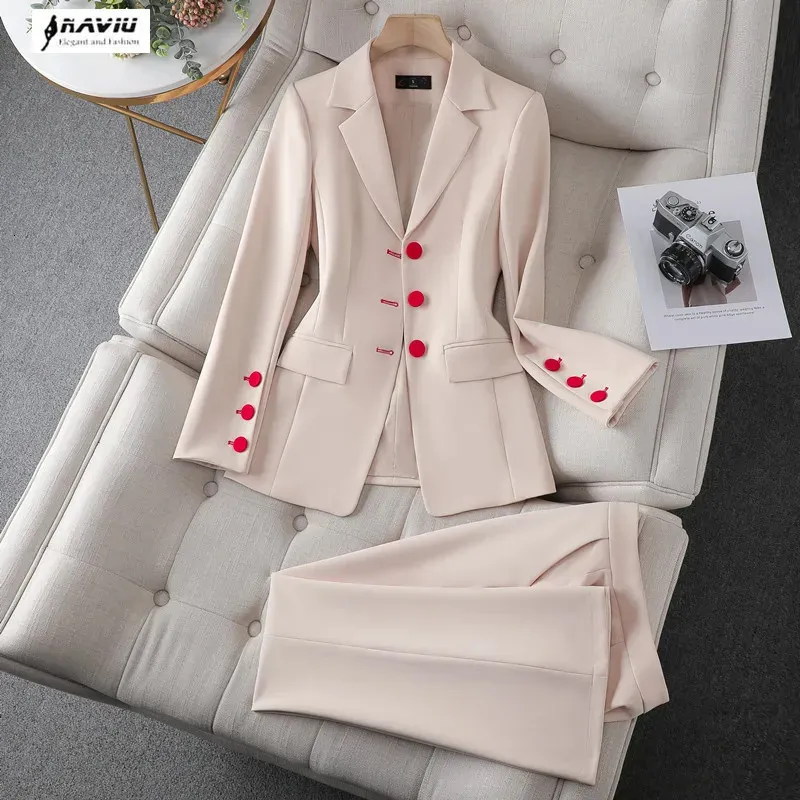 Kvinnor S Two Piece Pants Apricot Suit Autumn High End Fashion Business Temperament Slim Blazer and Flare Office Ladies Work Wear 231113