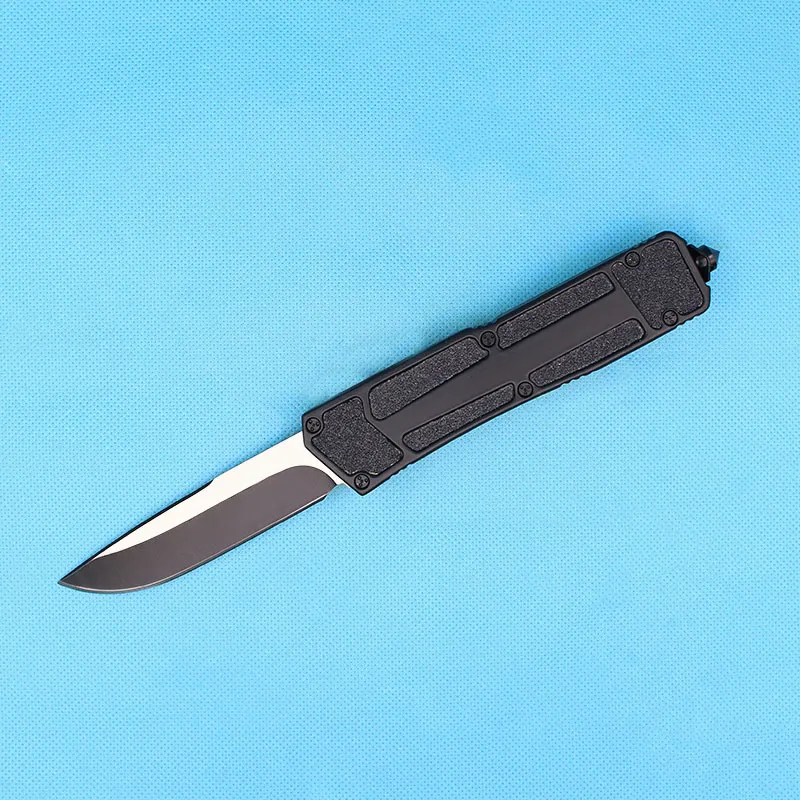 1st toppkvalitet Auto Tactical Knife 440C Tvåfärgad svart blad Aluminiumlegering Handtag utomhus överlevnadsutrustning EDC Pocket Knives med nylonpåse
