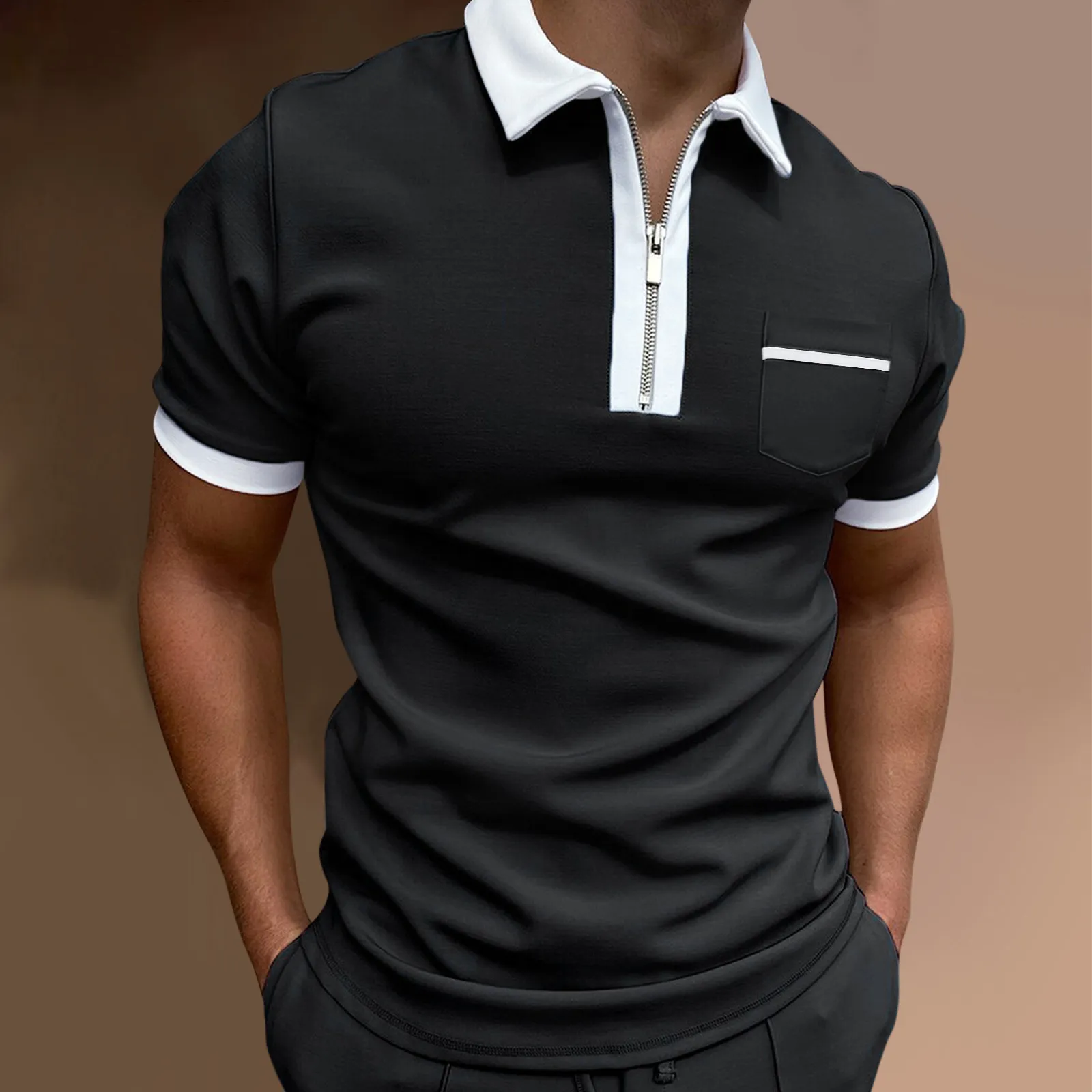 Polo's voor heren mode borstzak polo shirt heren zomer polo revers slanke monochrome rits rits ademende polo casual herenkleding 230414