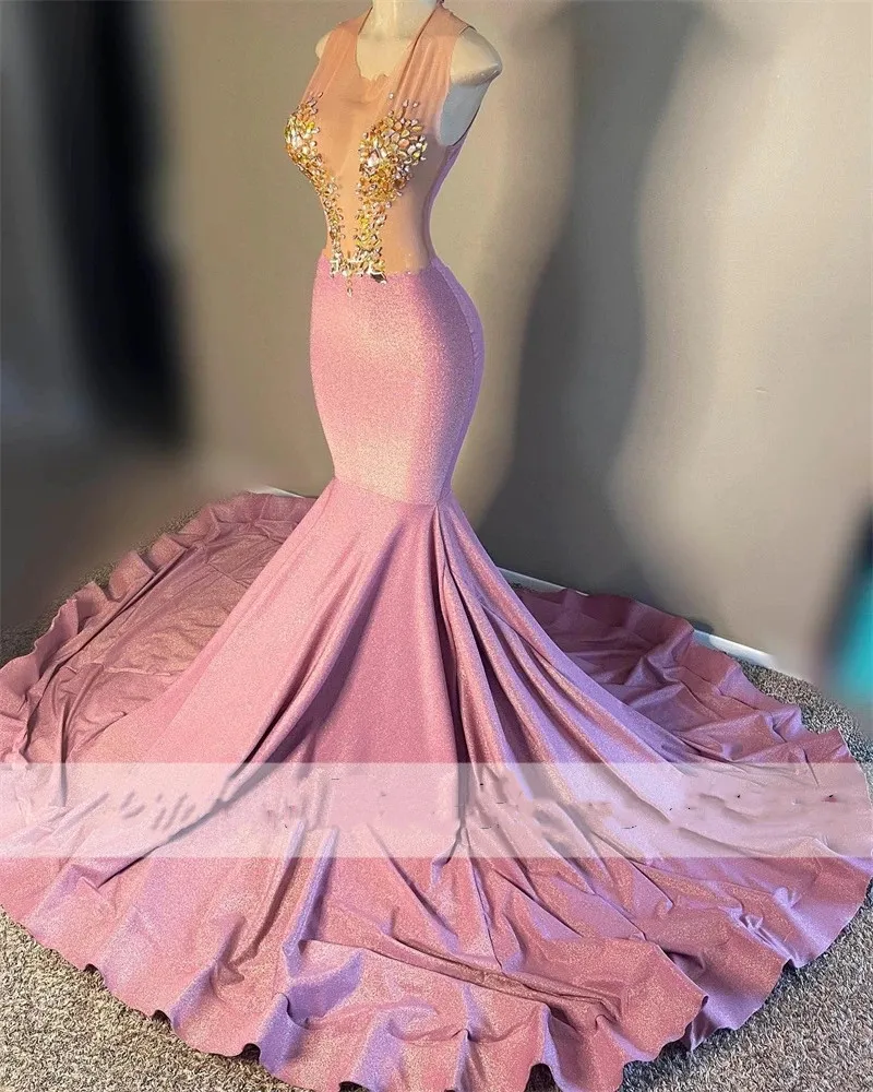 Sparkly Pink Mermaid Prom Dresses For Black Girls Sheer Neck Illusion Beaded Crystals Party Gowns Robe De Bal Open Back