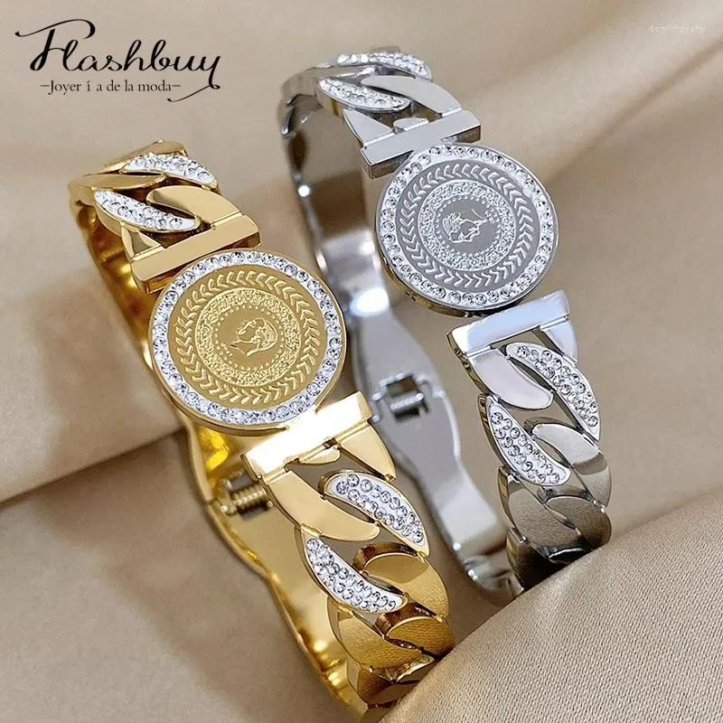 Bracelet Flashbuy Chaîne en métal strass Chunky Portrait Coin Bracelets en acier inoxydable Bracelets pour femme Mode Bijoux imperméables