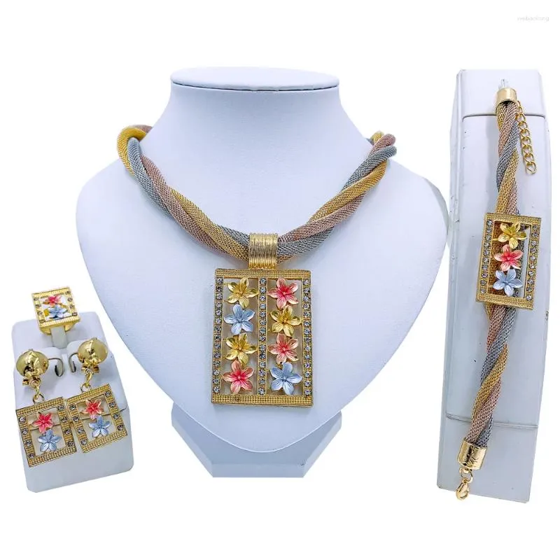 Necklace Earrings Set Fashion Women Bridal Dubai Multicolor Flower Pendant Italian Gold Plated Tassels Party Wedding Jewellery